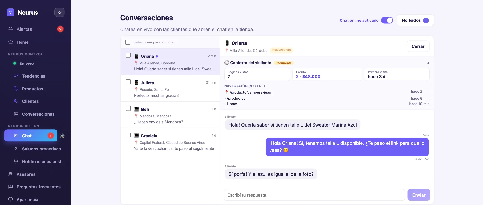 Conversaciones en Neurus: chat en vivo con el contexto del visitante (páginas vistas, carrito y primera visita)