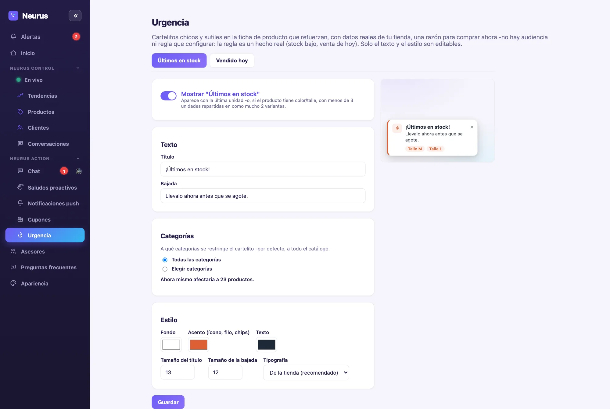 Configuración de Urgencia en Neurus: cartelito de últimos en stock, con vista previa en vivo